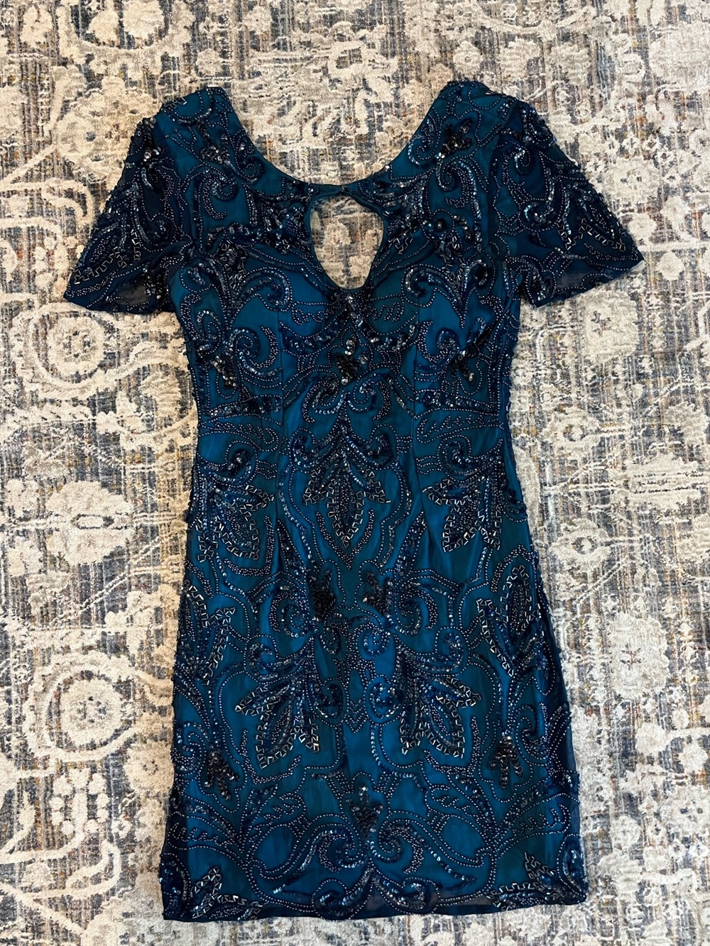 Scala Teal Short-Sleeve Beaded Mini Dress with Keyhole